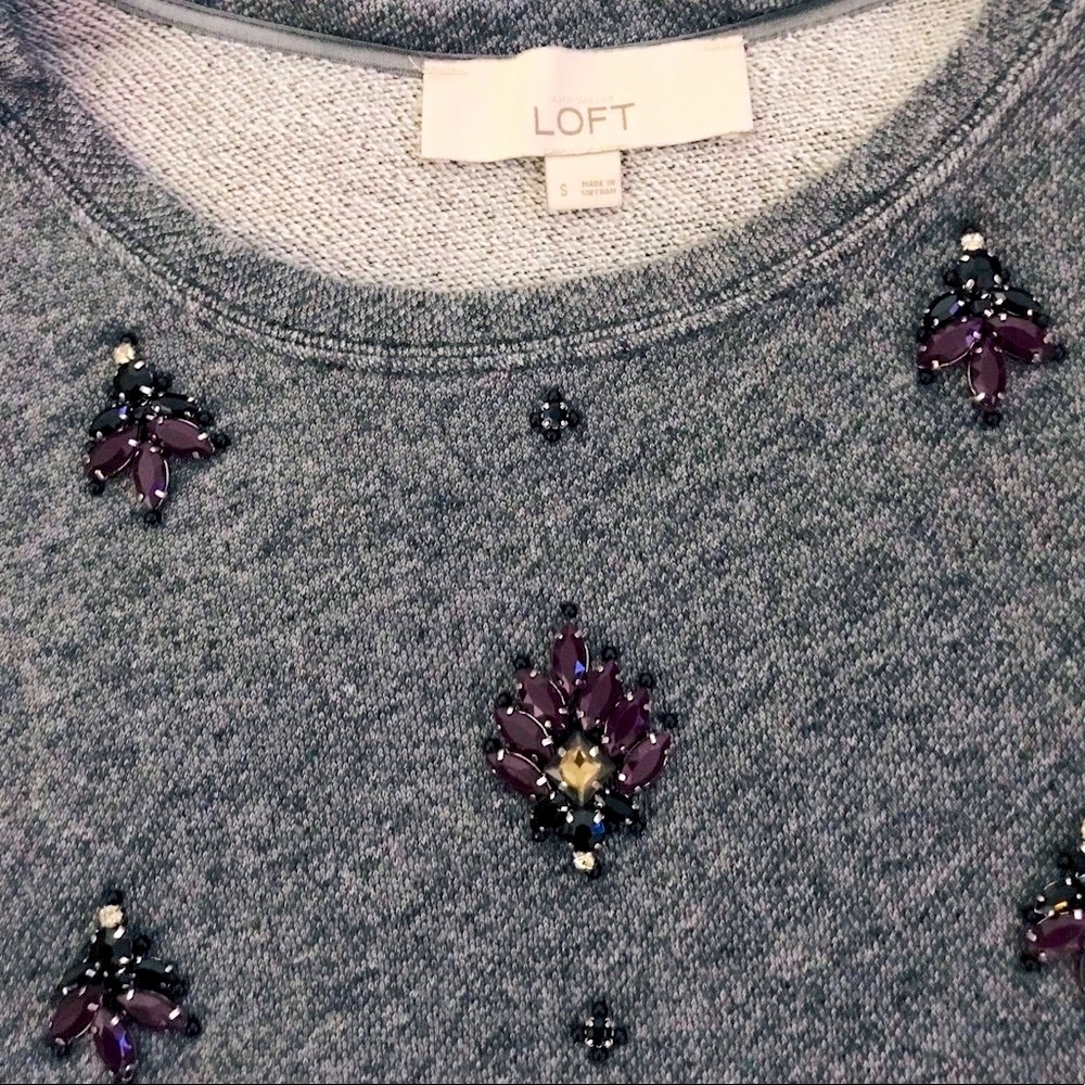 LOFT Gray Sweatshirt w/ Purple Rhinestones in the Front. EUC - Picture 5 of 7